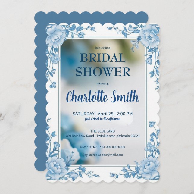 Elegant blå blomma chinoiserie bröllopsdusch spara datumet (Fram/baksida)