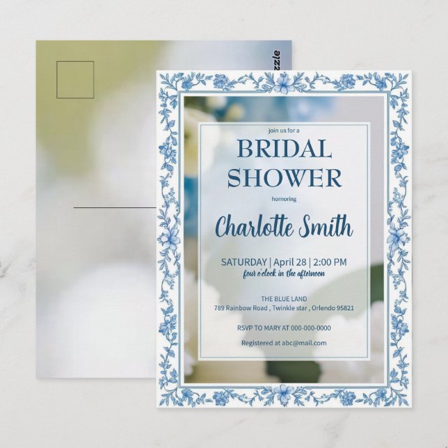 Elegant blå blomma chinoiserie bröllopsdusch vykort (Fram/baksida)