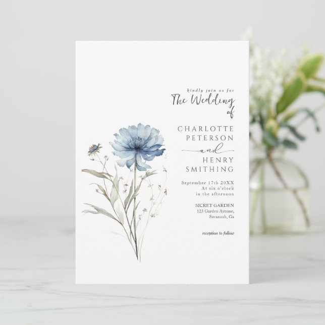 Elegant Blå Blomma Modern QR-kod Bröllop  Inbjudningar (Stående Fram)