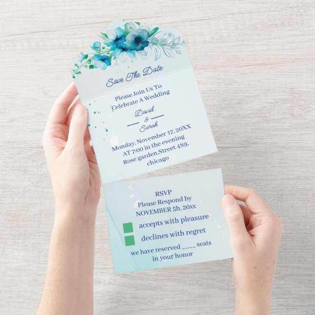Elegant Blå Blomma Personlig Save The Date (Tearaway)