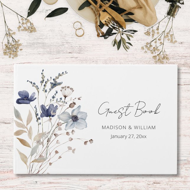 Elegant Blå blomman Bouquet Blommigt Bröllop Gästböcker (Close up)