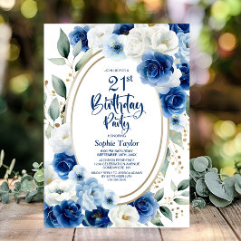 Elegant Blå Blommig 21-års Födelsedagsfest Inbjudningar