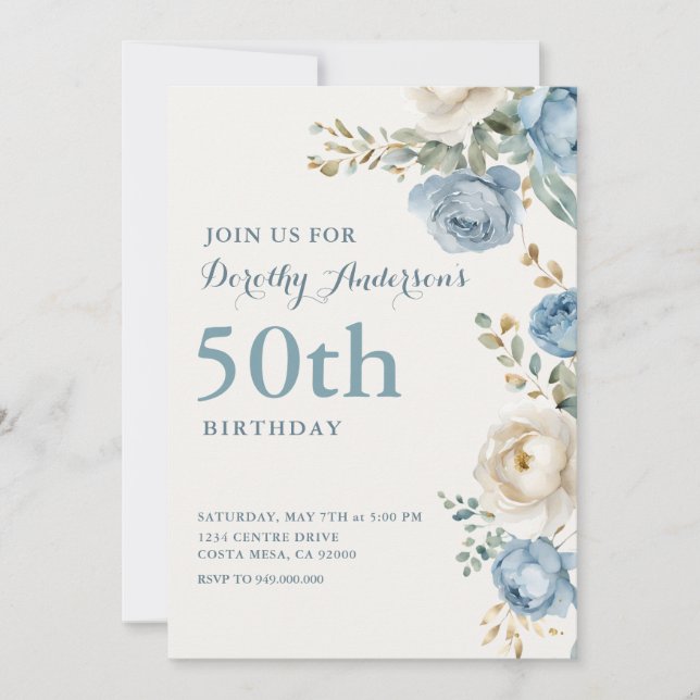 Elegant Blå Blommig 50-års Födelsedagsfest Inbjudningar (Framsida)