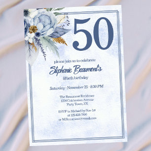 Elegant blå blommig 50-årsfest för damer inbjudningar