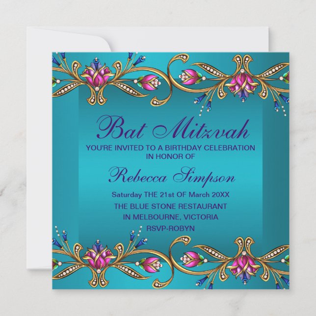 Elegant Blå Blommig Ädel Bat Mitzvah Inbjudan (Framsida)