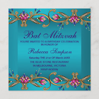 Elegant Blå Blommig Ädel Bat Mitzvah Inbjudan