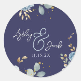 Elegant Blå Blommig Ampersand Bröllop Runt Klistermärke