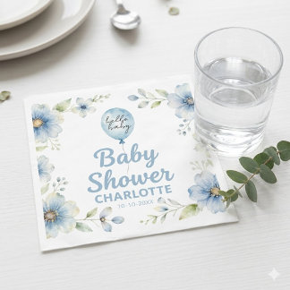 Elegant blå blommig baby shower servett med ballon