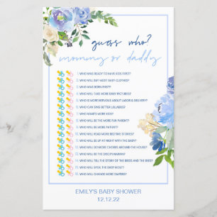 Elegant Blå Blommig Baby Shower-spel Utskriven, Po