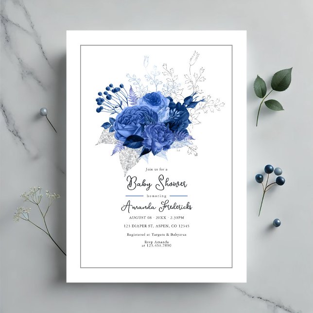 Elegant Blå Blommig Bebis Shower Inbjudningar (Elegant Blue Floral Baby Shower Invitation)