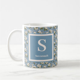 Elegant Blå Blommig Blomning Monogram Kaffemugg