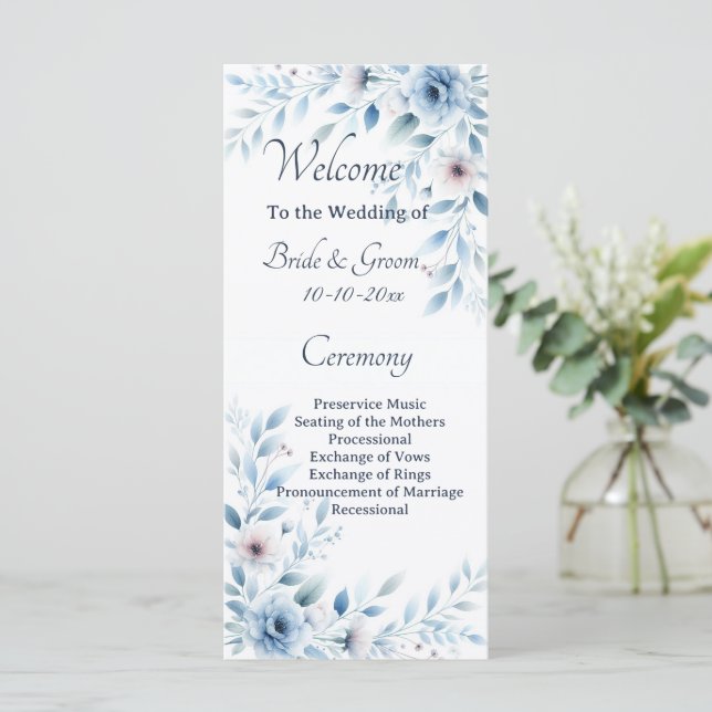 Elegant Blå Blommig Bröllop Program (Stående Fram)