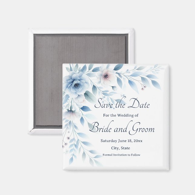 Elegant Blå Blommig Bröllop Spara Datum Magnet (Front/Back)