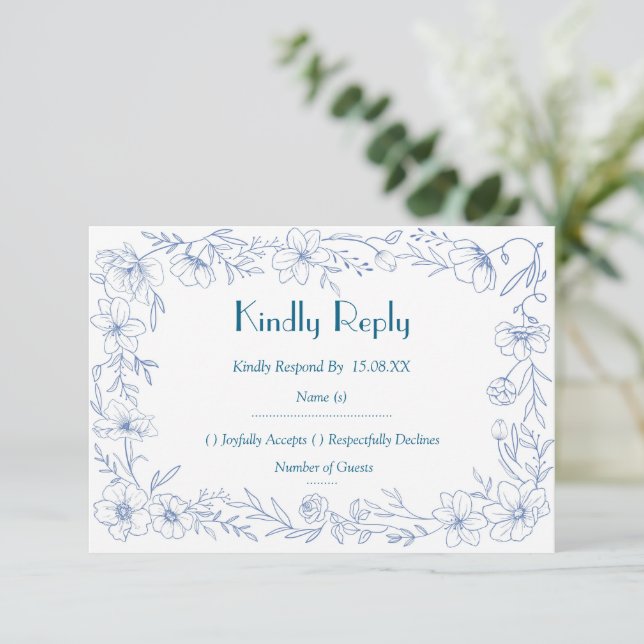 Elegant Blå Blommig Bröllops RSVP Svar Infogningsk (Stående Fram)