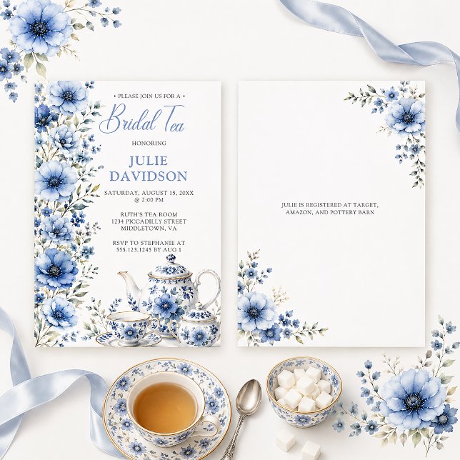 Elegant Blå Blommig Bröllopsdusch Te | Inbjudningar (Skapare uppladdad)
