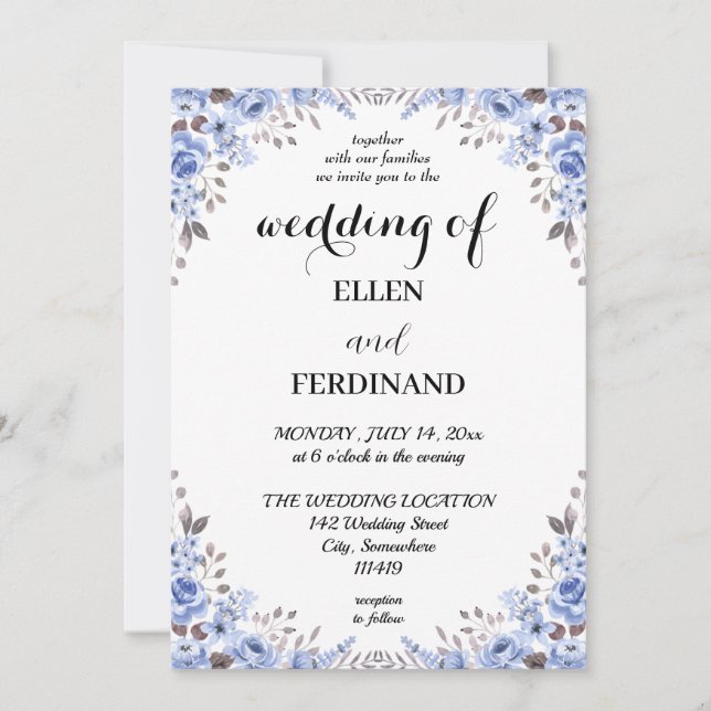 Elegant Blå Blommig Bröllopsinbjudan Inbjudningar (Framsida)