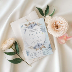 Elegant Blå Blommig Bröllopsinbjudan med Duva Inbjudningar