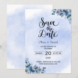 Elegant Blå Blommig Bröllopsinbjudan Spara Datum Inbjudningar