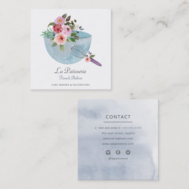 Elegant Blå Blommig Bröllopstårta Makers Bageri Fyrkantigt Visitkort (Fram/baksida)