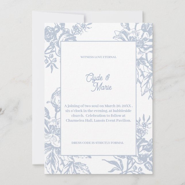 Elegant Blå Blommig Formell Bröllopsinbjudan |  Inbjudningar (Framsida)