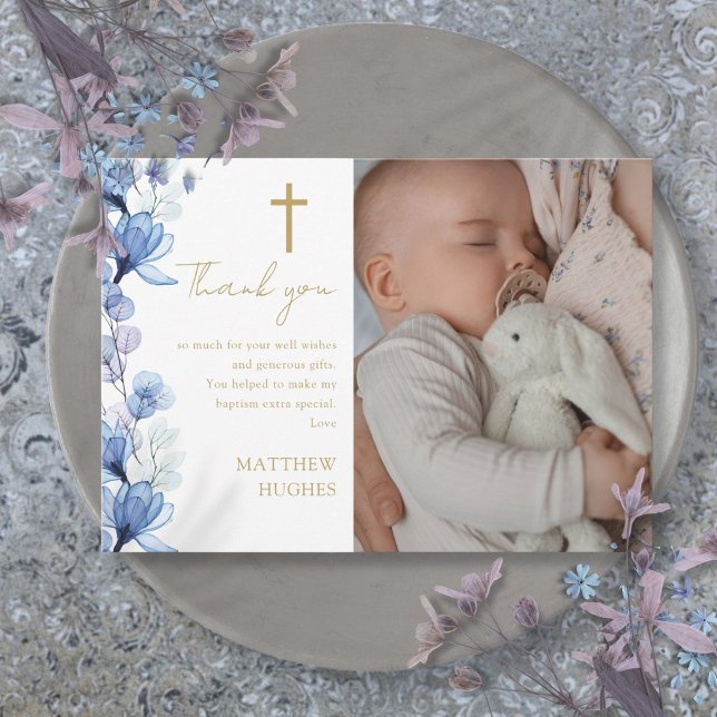 Elegant Blå Blommig Foto Dop Namndagsfirande Tack Kort (Elegant Blue Floral Photo Baptism Christening Thank You Card)