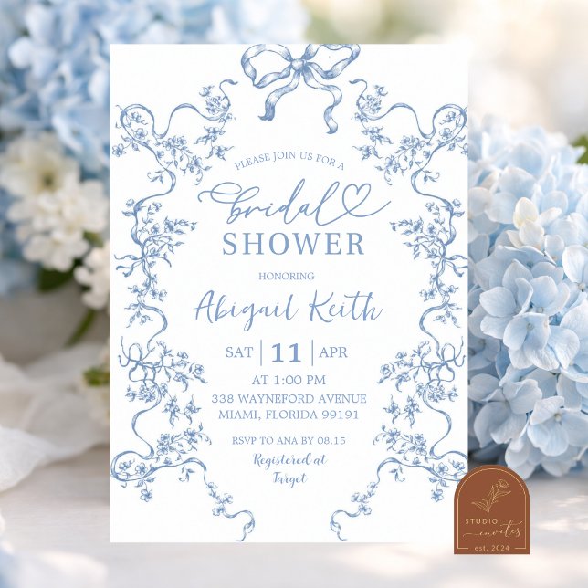 Elegant Blå Blommig Fransk Toile Bröllopsdusch Inbjudningar (Skapare uppladdad)