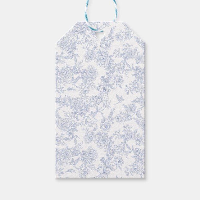 Elegant Blå Blommig Fransk Toile Presentetikett (Framsidan)