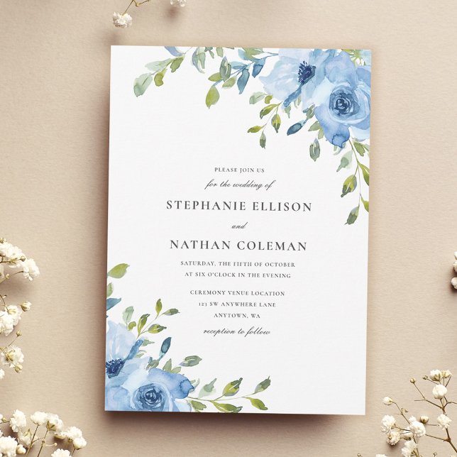 Elegant Blå Blommig Grönska Bröllop Inbjudningar (Skapare uppladdad)