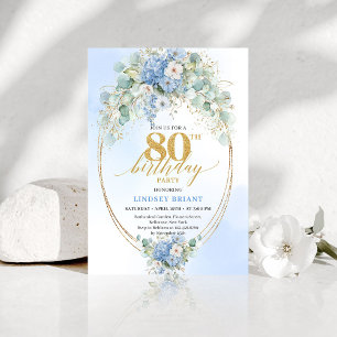 Elegant Blå Blommig Guld 80-års Födelsedagsinbjuda Inbjudningar