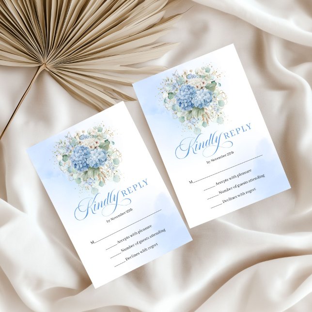 Elegant Blå Blommig Guld Bröllops RSVP-kort OSA Kort (Graceful Blue Floral Gold Wedding RSVP Card)