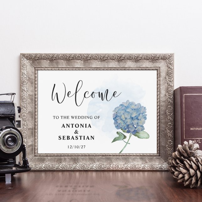 Elegant Blå Blommig Hortensia Bröllopsskylt Affisc Poster (Skapare uppladdad)
