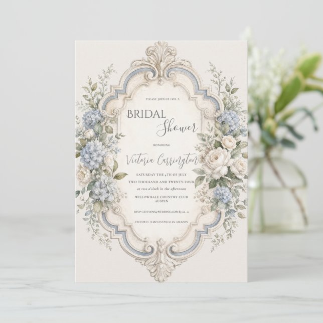 Elegant Blå Blommig Hortensia Vintage Inbjudningar (Stående Fram)