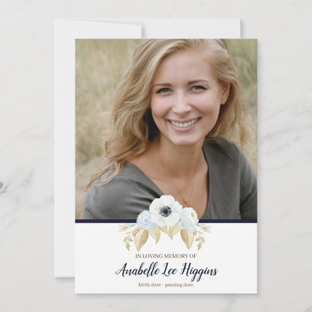 Elegant Blå Blommig In Memoriam Begravning Tack Kort (Framsida)