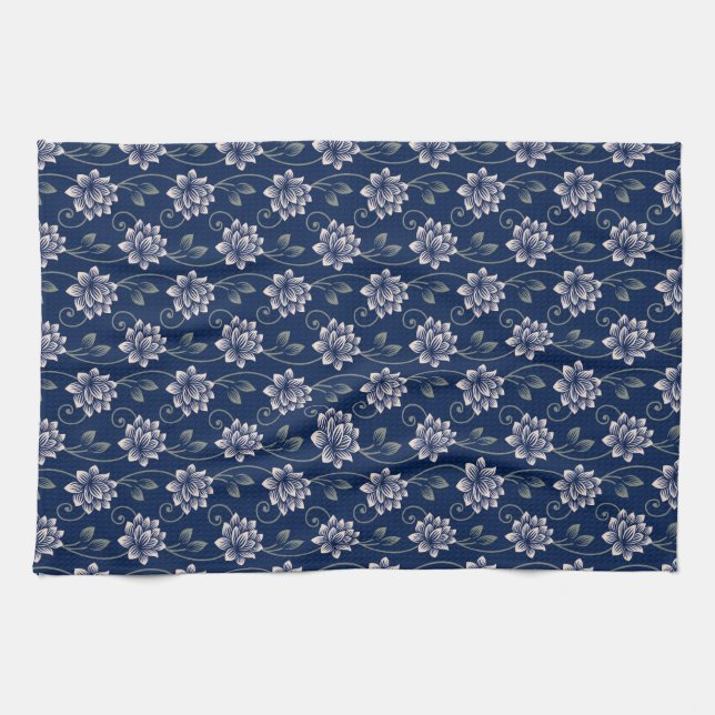 Elegant Blå Blommig Kökshandduk (Horisontell)