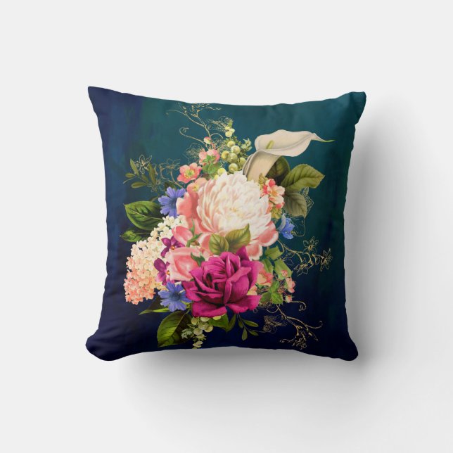 Elegant Blå Blommig Kudd Kudde (Framsida)