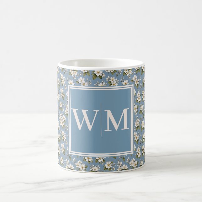 Elegant Blå Blommig Monogram Kaffemugg (Center)