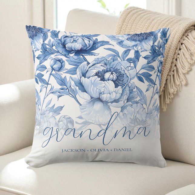 Elegant Blå Blommig Namn på Barnbarn Mormor Kudde (Elegant Blue Floral Grandchildren's Names Grandma Throw Pillow)