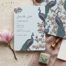 Elegant Blå Blommig Påfågel Bröllop Spara Datumet