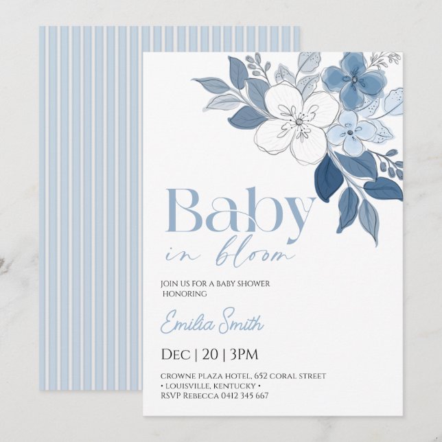 Elegant Blå Blommig Pojke Babyfest  Inbjudningar (Fram/baksida)