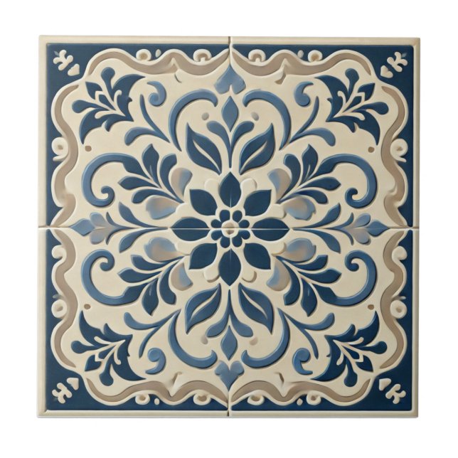 Elegant Blå Blommig - Portugisisk Azuljo-design Kakelplatta (Framsidan)