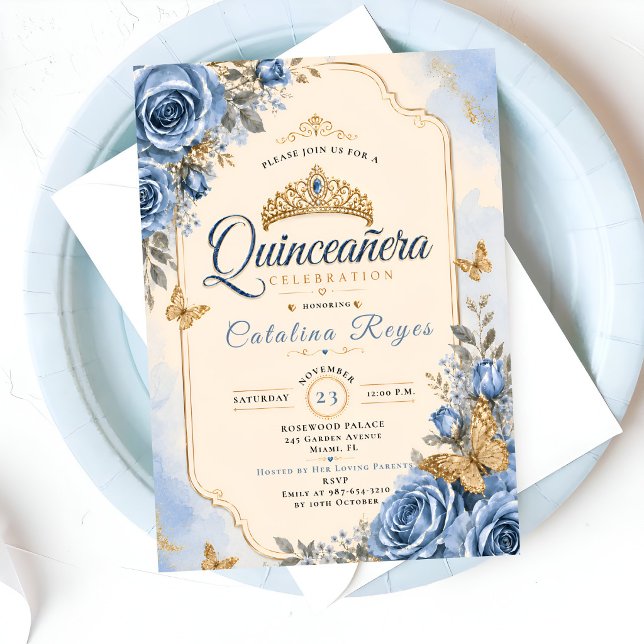 Elegant Blå Blommig Quinceañera Inbjudningar (Skapare uppladdad)