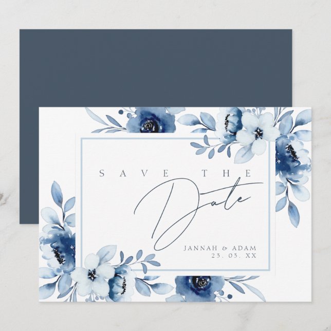 Elegant Blå Blommig Rammonogram Spara Datumet (Fram/baksida)