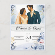 Elegant Blå Blommig Save the Date-kort |