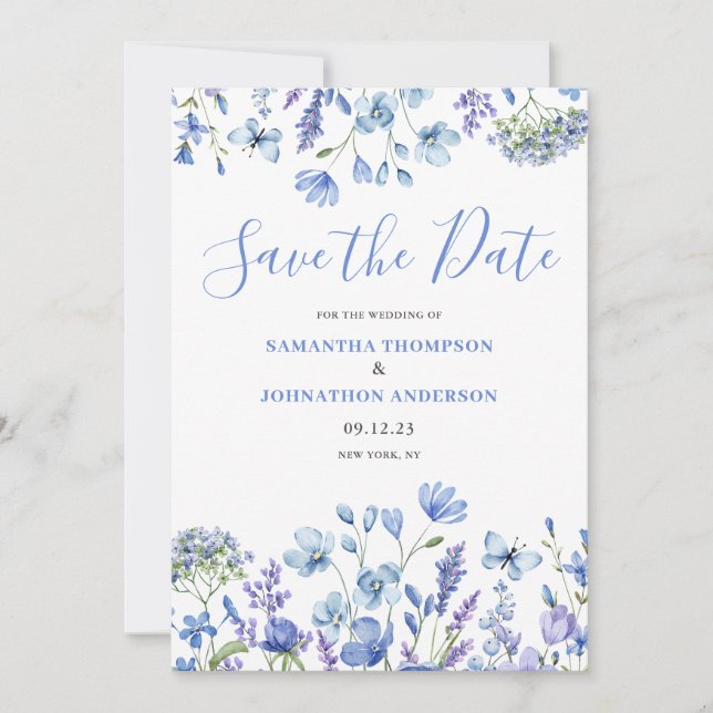 Elegant Blå Blommig  Spara Datumet (Framsida)