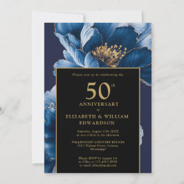 Elegant Blå Blommig Svart Och Guld 50-årsjubileum Inbjudningar