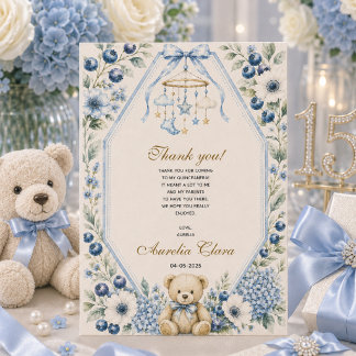 Elegant blå blommig teddybjörn födelsedagsfest tack kort