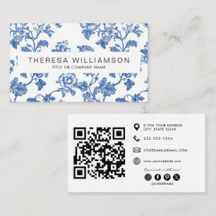 Elegant Blå Blommig Toile QR-kod Visitkort