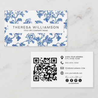 Elegant Blå Blommig Toile QR-kod Visitkort