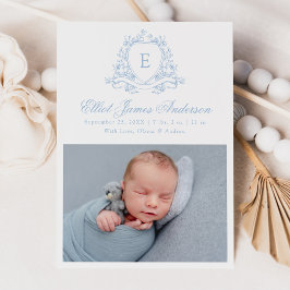 Elegant Blå Blommig Vapen Monogram 4 Foto Födelse Meddelande