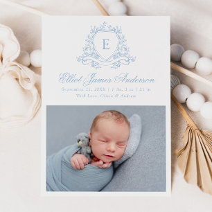 Elegant Blå Blommig Vapen Monogram 4 Foto Födelse Meddelande